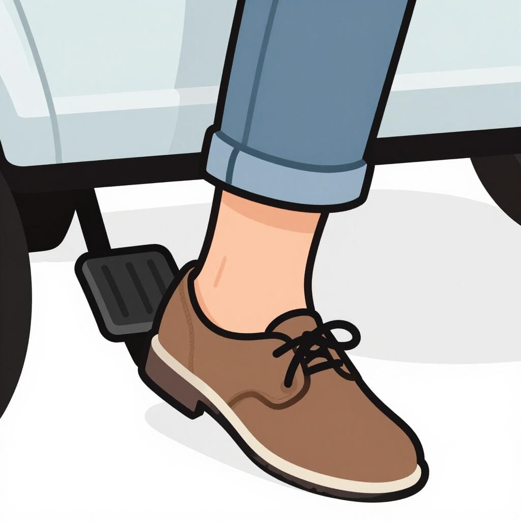 A person's foot wearing a shoe pressing down firmly on a gray accelerator pedal inside a car.