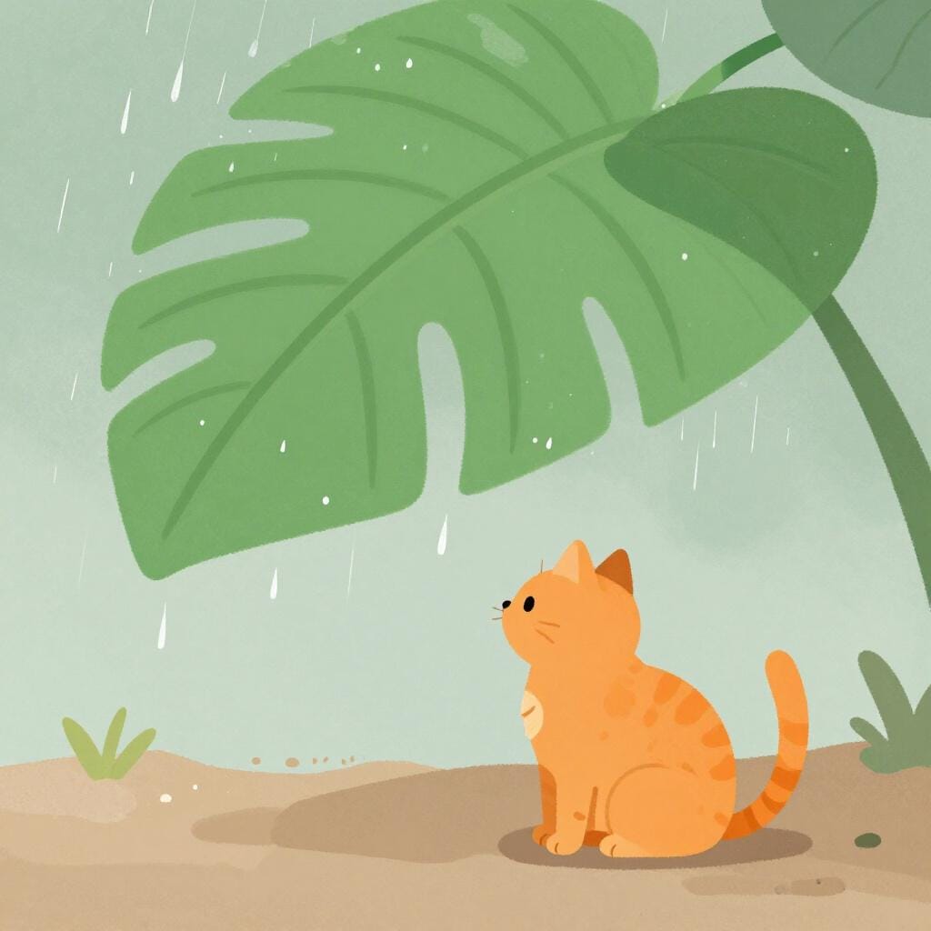 A small cat sitting comfortably under a large leaf during a rainstorm.