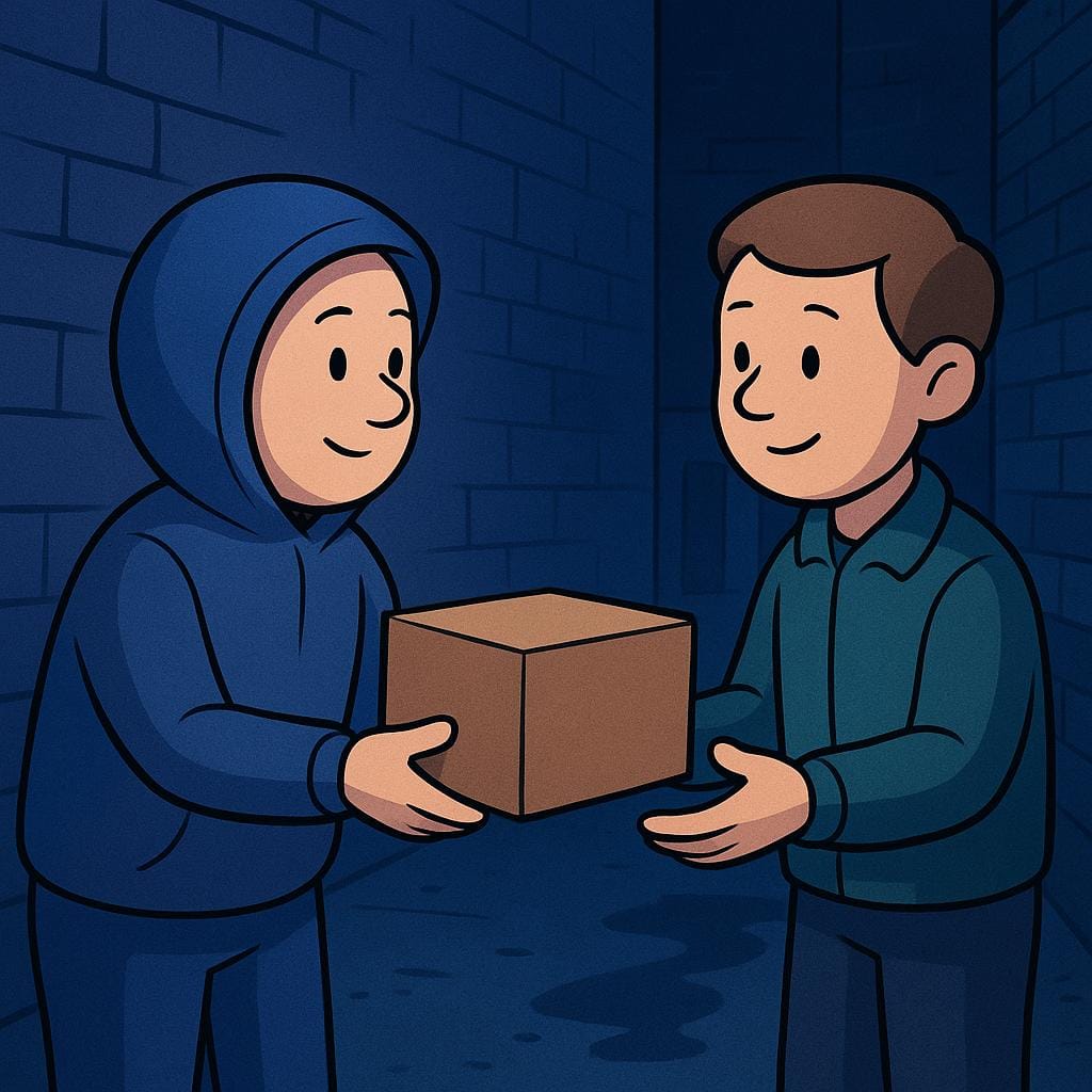 Two simple cartoon figures meeting secretly in a dimly lit alleyway, one handing the other a plain, unmarked brown box, symbolizing illegal trade or smuggling.