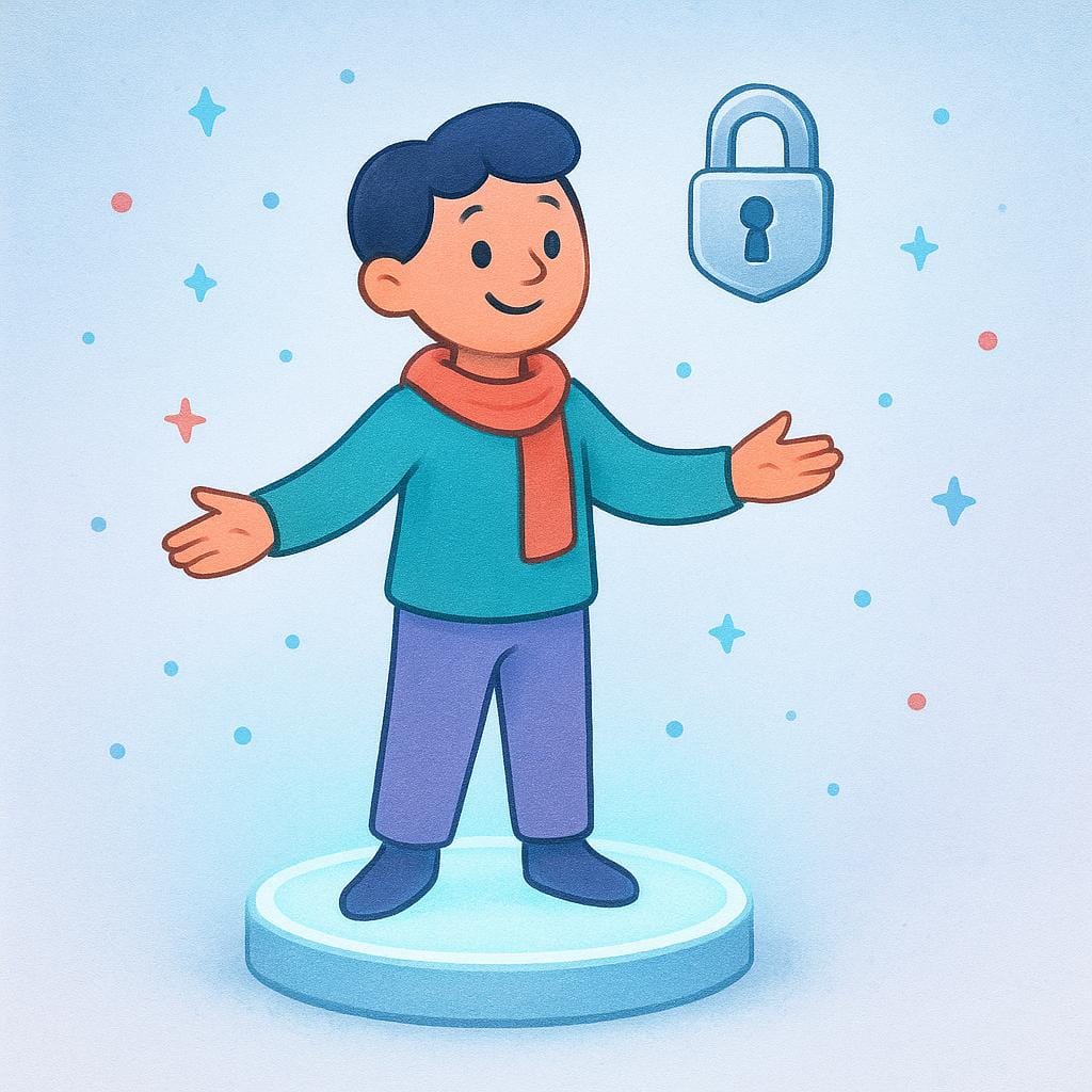 A smiling cartoon figure standing on a small, brightly lit pedestal, signifying a special advantage or right.
