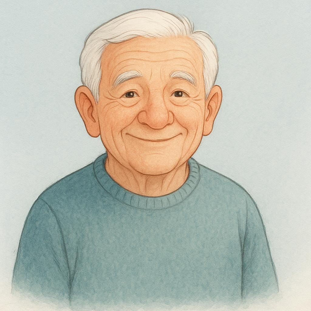 A kindly, elderly man with white hair and wrinkles smiling gently. He is wearing a simple blue sweater.