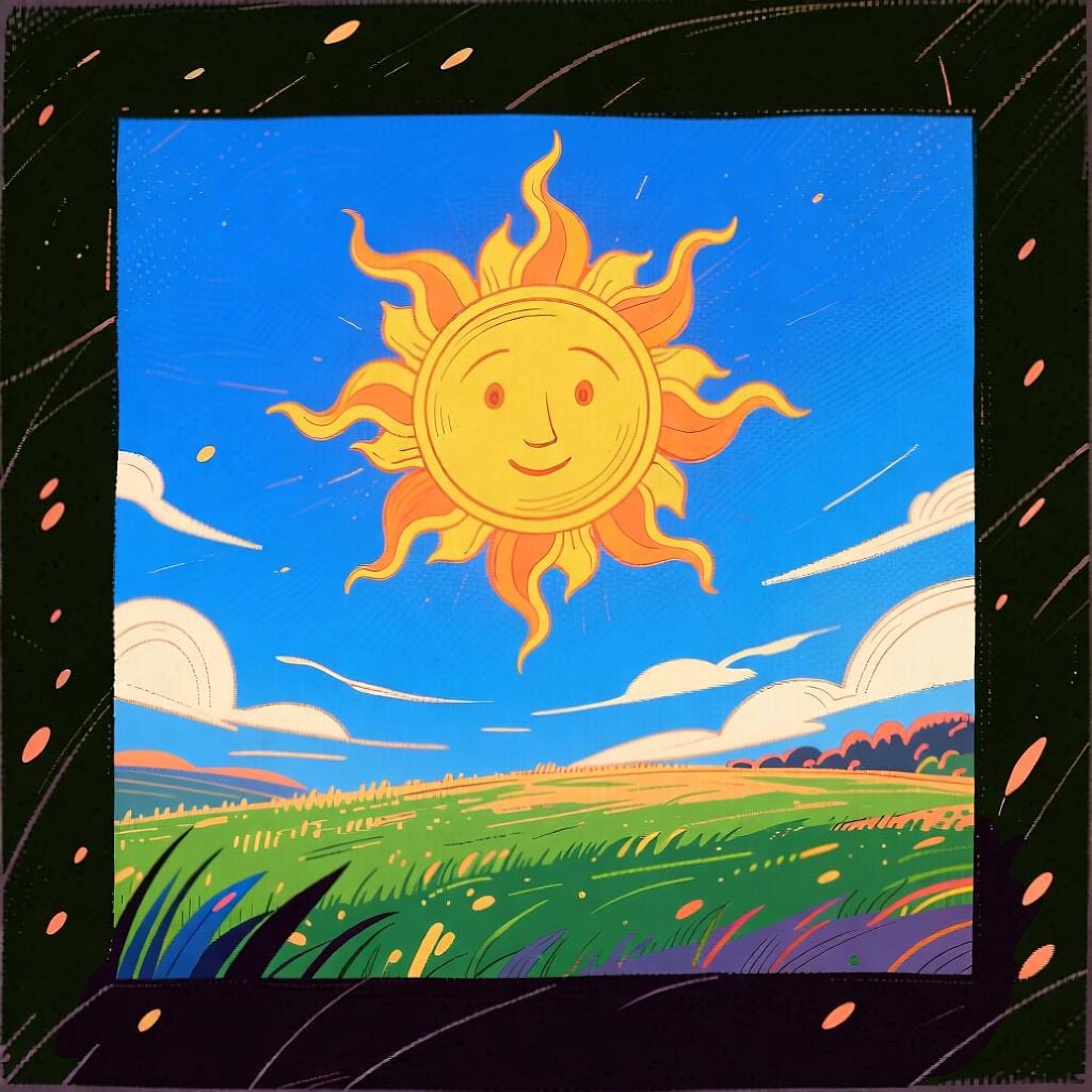 A bright sun shining in a clear blue sky over a green field, representing the use of 'hacer' for weather.