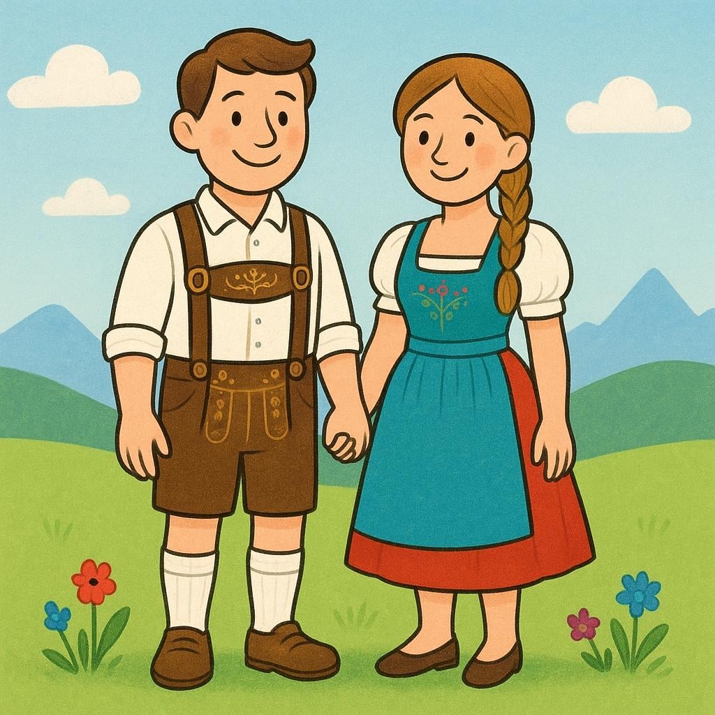 Two smiling people, a man and a woman, dressed in traditional German Bavarian attire (lederhosen and dirndl).