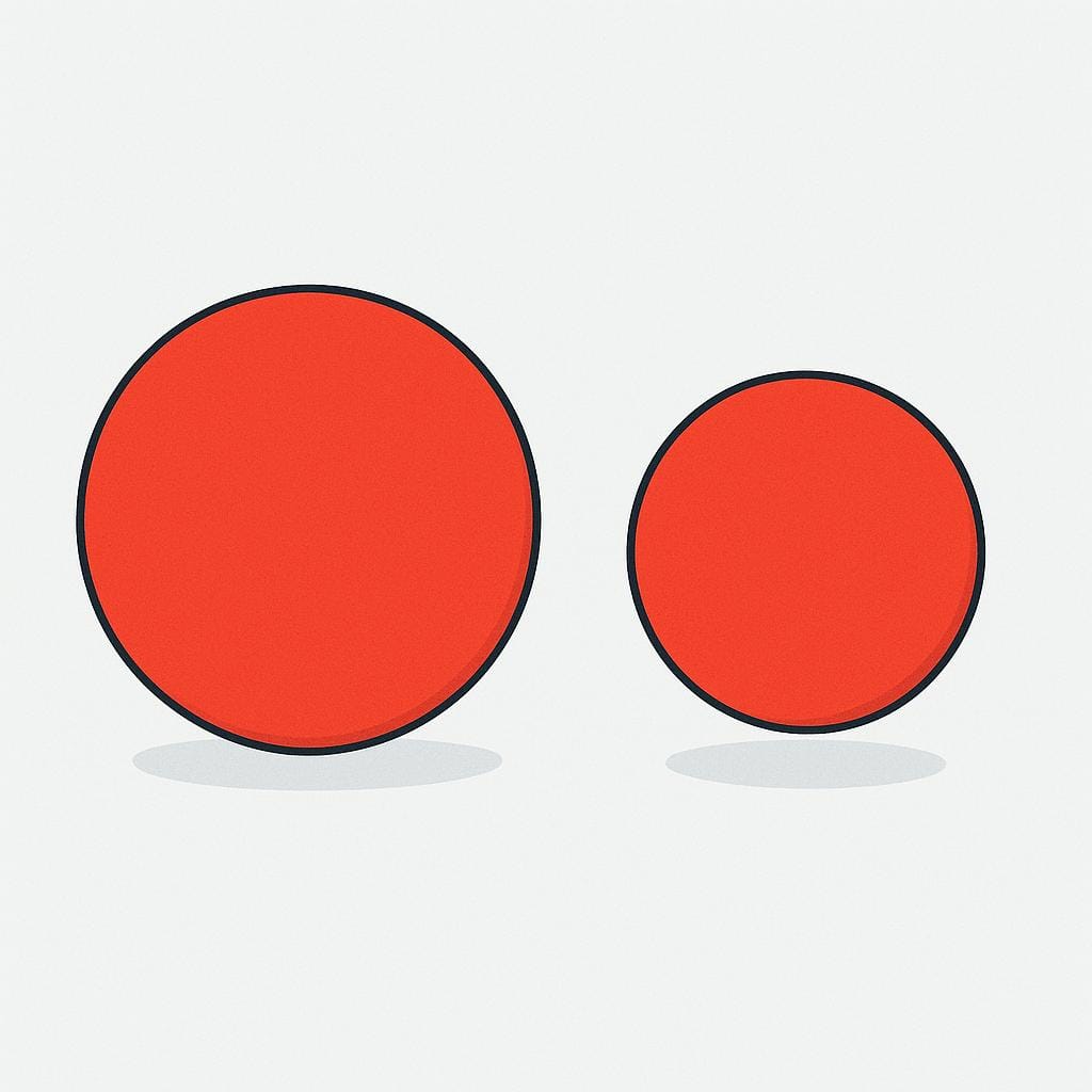 シンプルなカラフルなイラスト。プレーンな背景に並べられた2つの赤い円が描かれている。円は色と大まかな形が似ているが、大きさがわずかに異なり、「similares」(似ている)であることを示している。