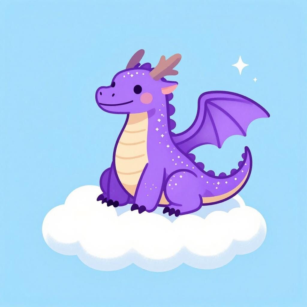 A friendly purple dragon with sparkly scales sitting on a fluffy cloud.