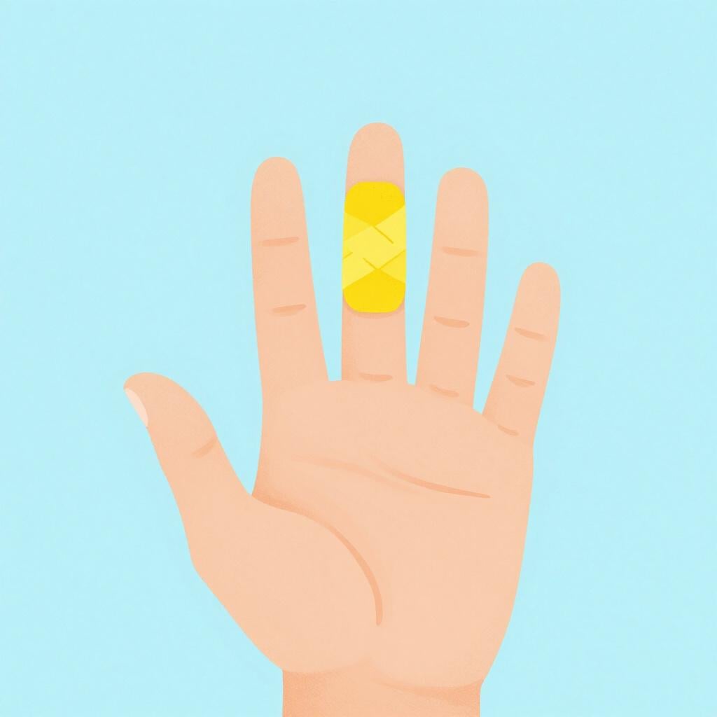 A small colorful bandage on a person's finger.