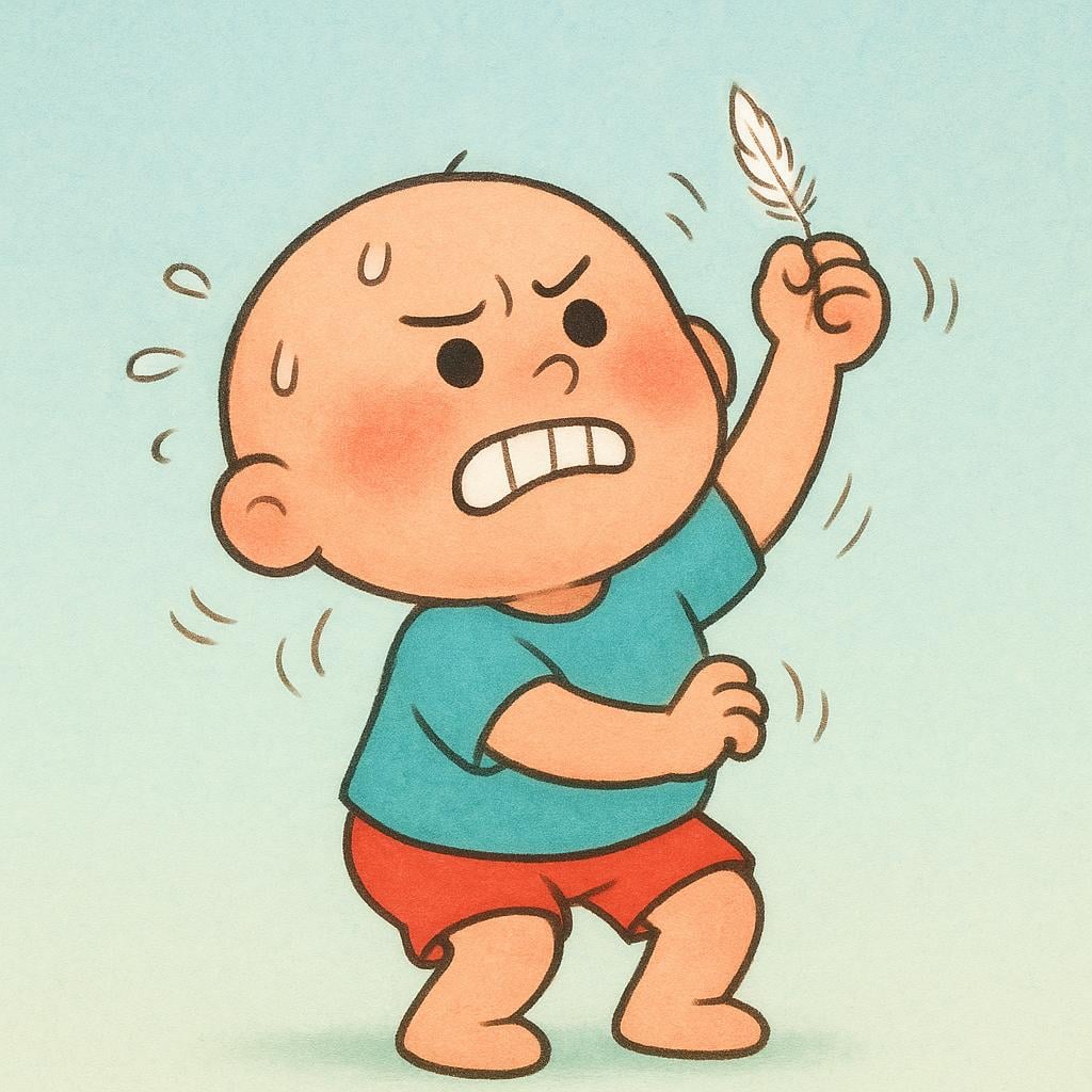 A small, straining cartoon character attempting to lift a single feather, illustrating physical weakness.
