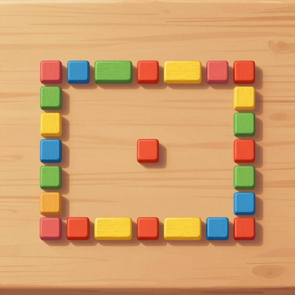 Een vogelvluchtperspectief van een houten tafel met verschillende kleine houten blokken die in een specifiek, doelgericht patroon zijn gerangschikt.