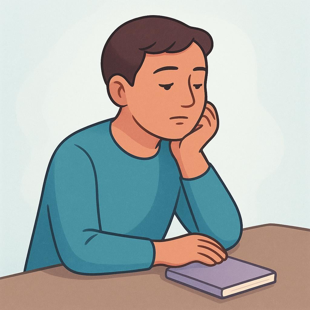 A person sitting calmly at a small table, resting their chin on their hand, looking thoughtful and contemplative.