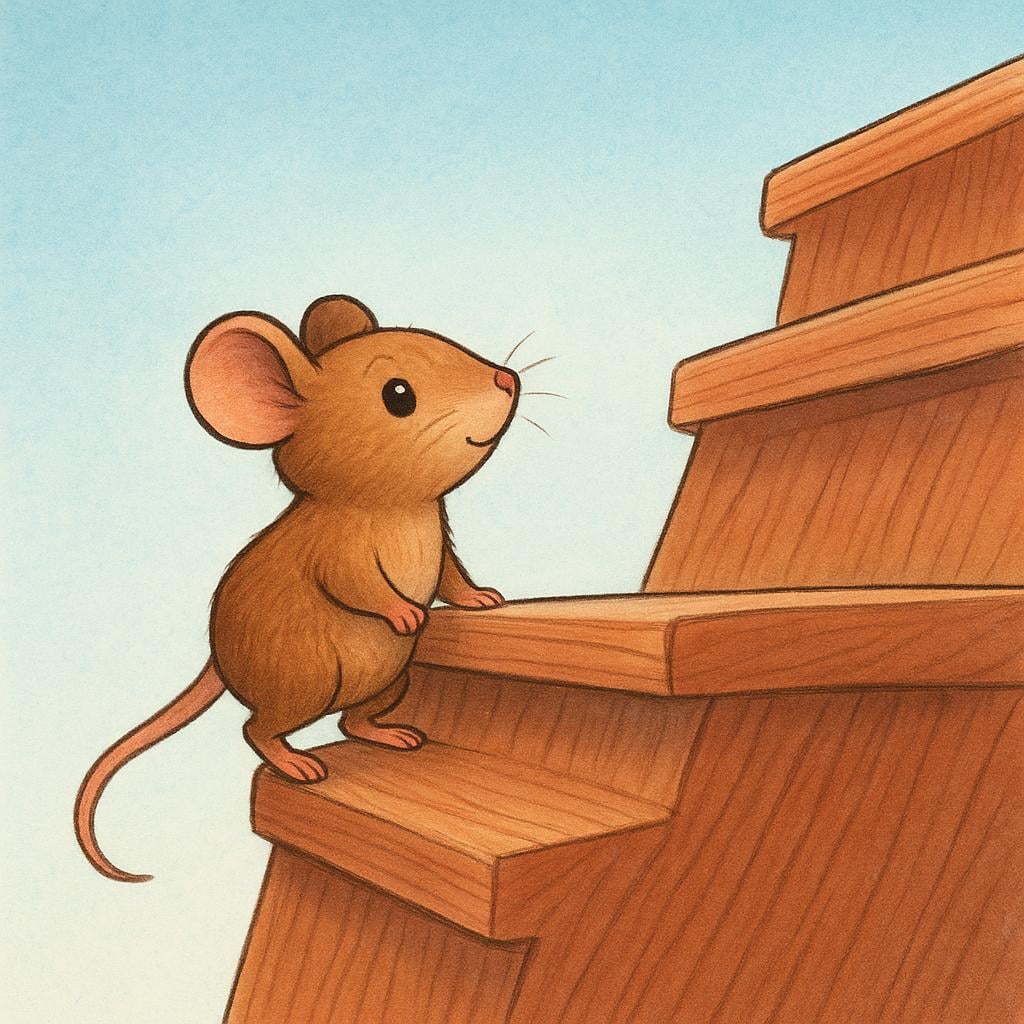 A tiny, determined mouse standing confidently on the edge of a large, steep wooden step, illustrating bravery.