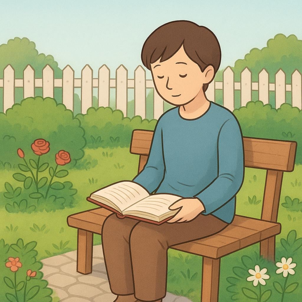 A person wearing simple, unadorned clothes sitting quietly on a wooden bench in a small, tidy garden, reading a book, representing a modest character.