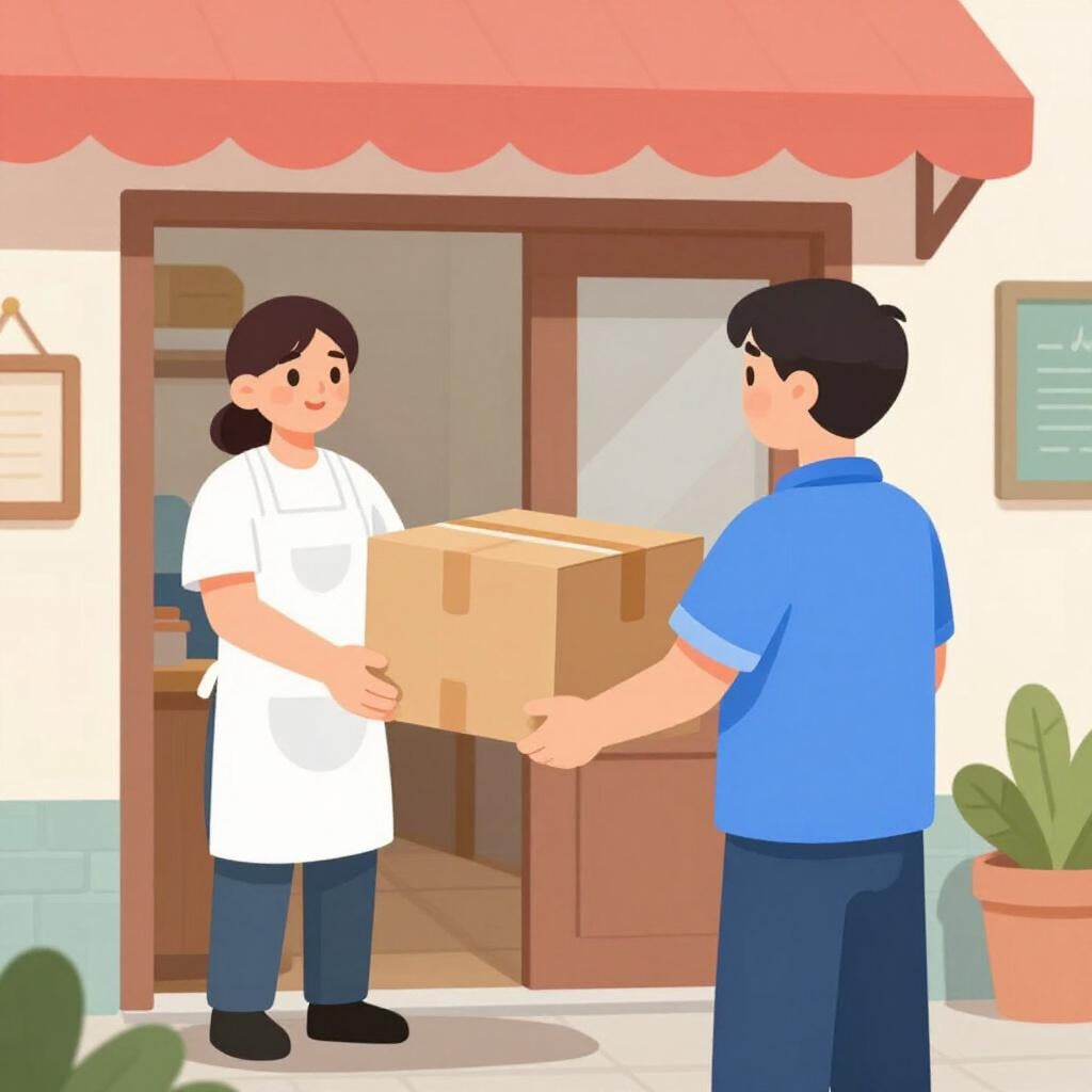 A friendly delivery person handing a large cardboard box to a shop owner at the door of a small bakery.