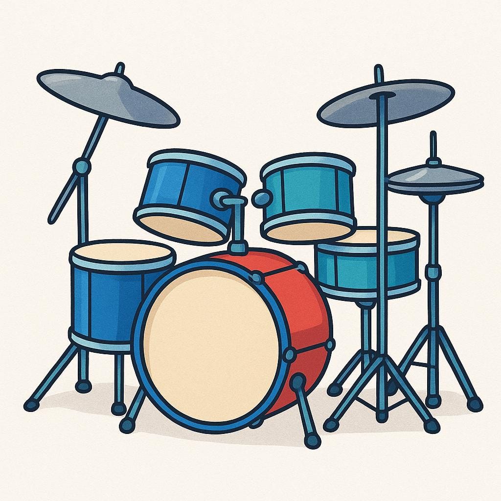 Een eenvoudige, kleurrijke illustratie van een compleet drumstel met bekkens, bassdrum en snaredrum.