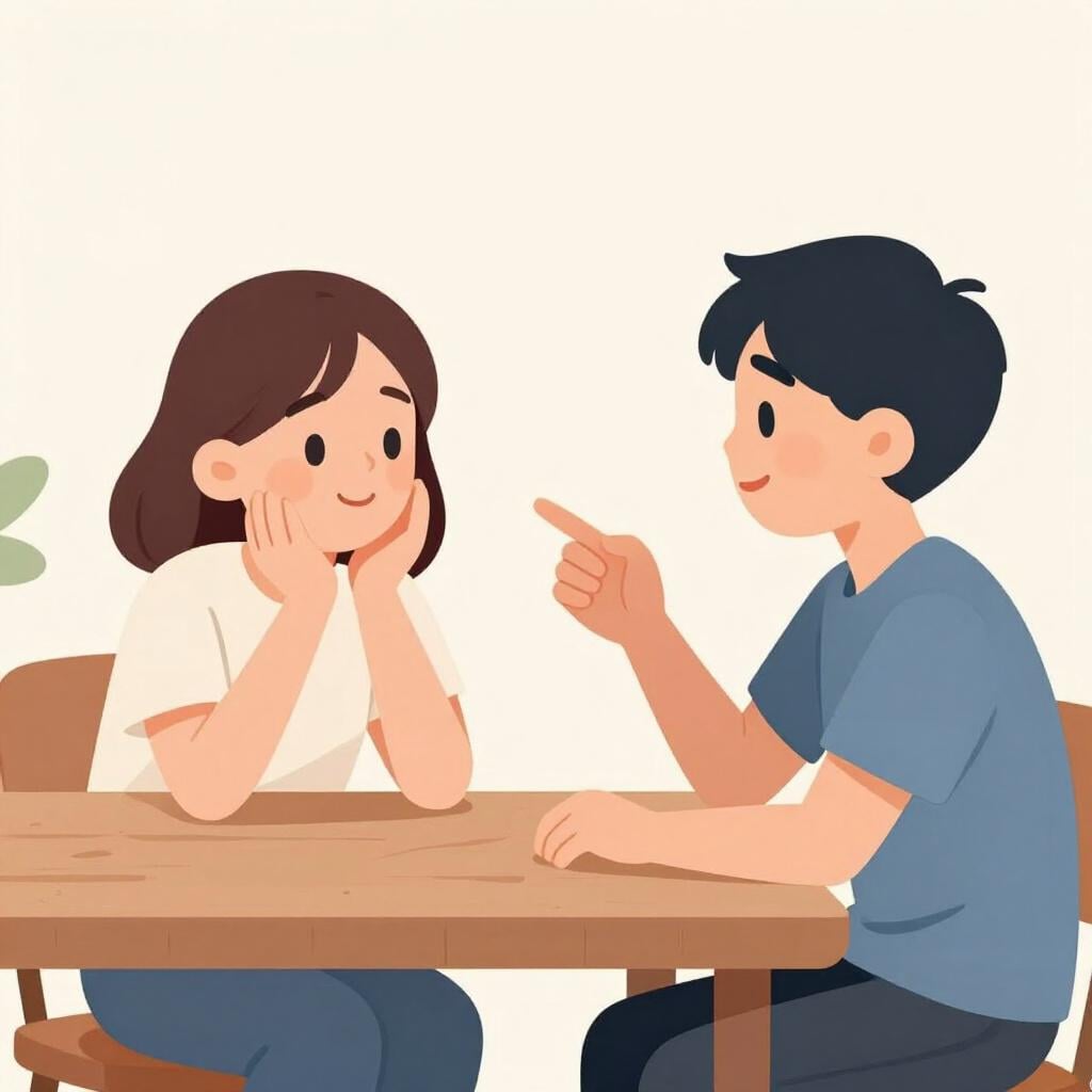 Two people talking at a table where one person is nodding and holding up a hand in agreement.