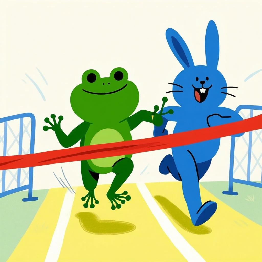 A frog running a race, clearly positioned second behind a rabbit, illustrating the concept of ordinal order.