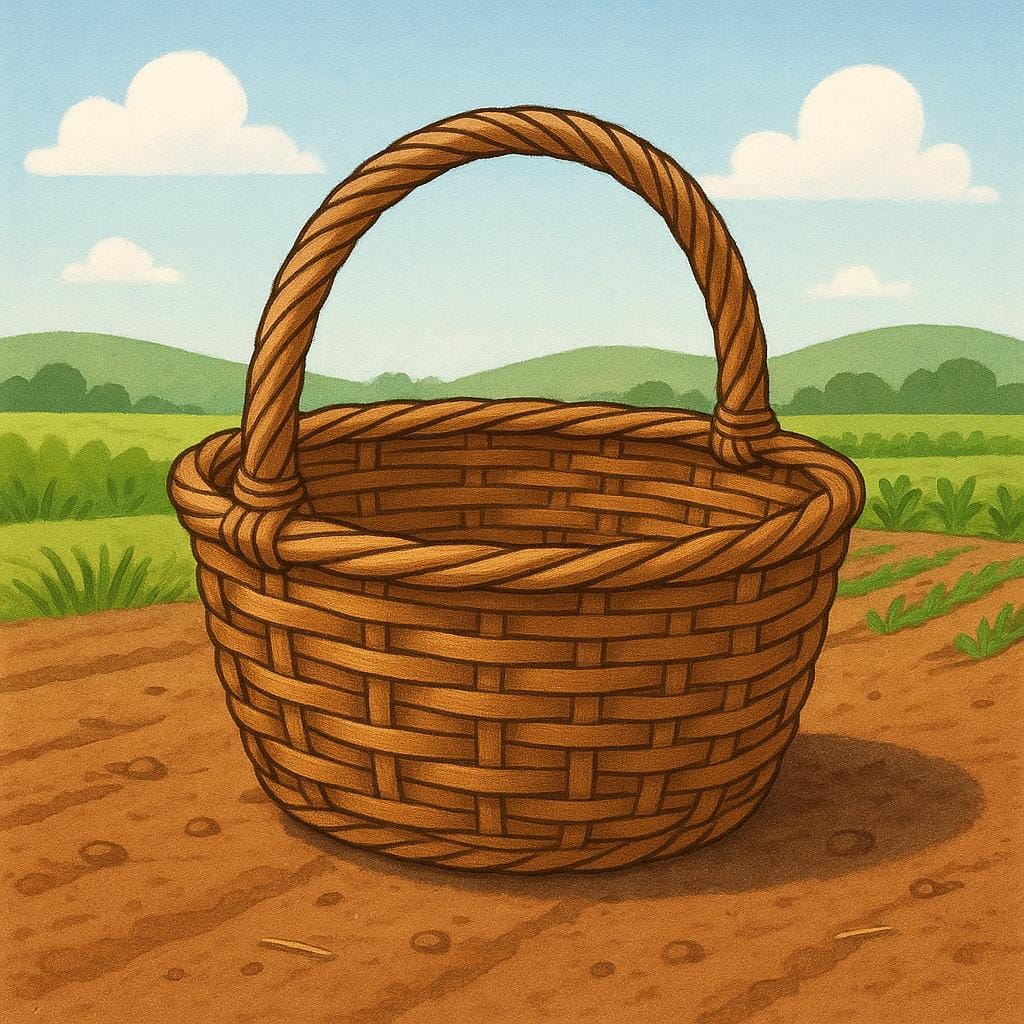 A large, sturdy, empty woven wicker basket sitting on dirt ground, suggesting its use as an agricultural container.