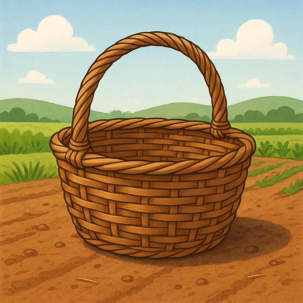 A large, sturdy, empty woven wicker basket sitting on dirt ground, suggesting its use as an agricultural container.