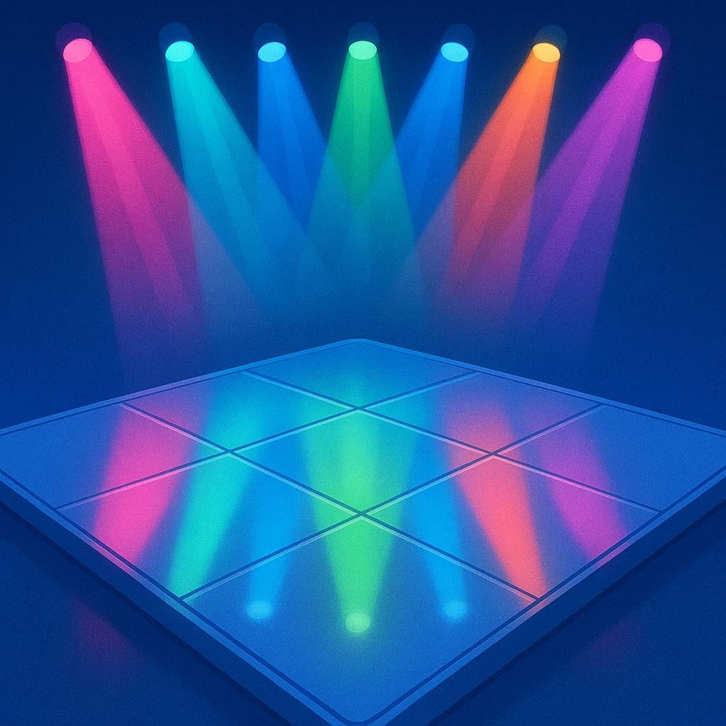 A square, glossy dance floor reflecting colorful spotlights of blue, pink, and yellow.