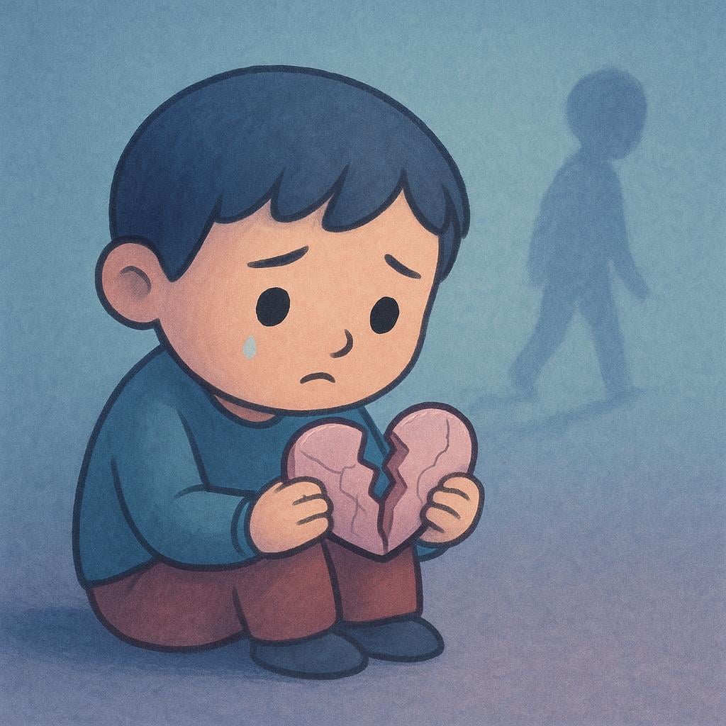 A sad, lonely rabbit character sitting on a bench, holding two halves of a small wooden heart that has been broken, symbolizing betrayed trust.