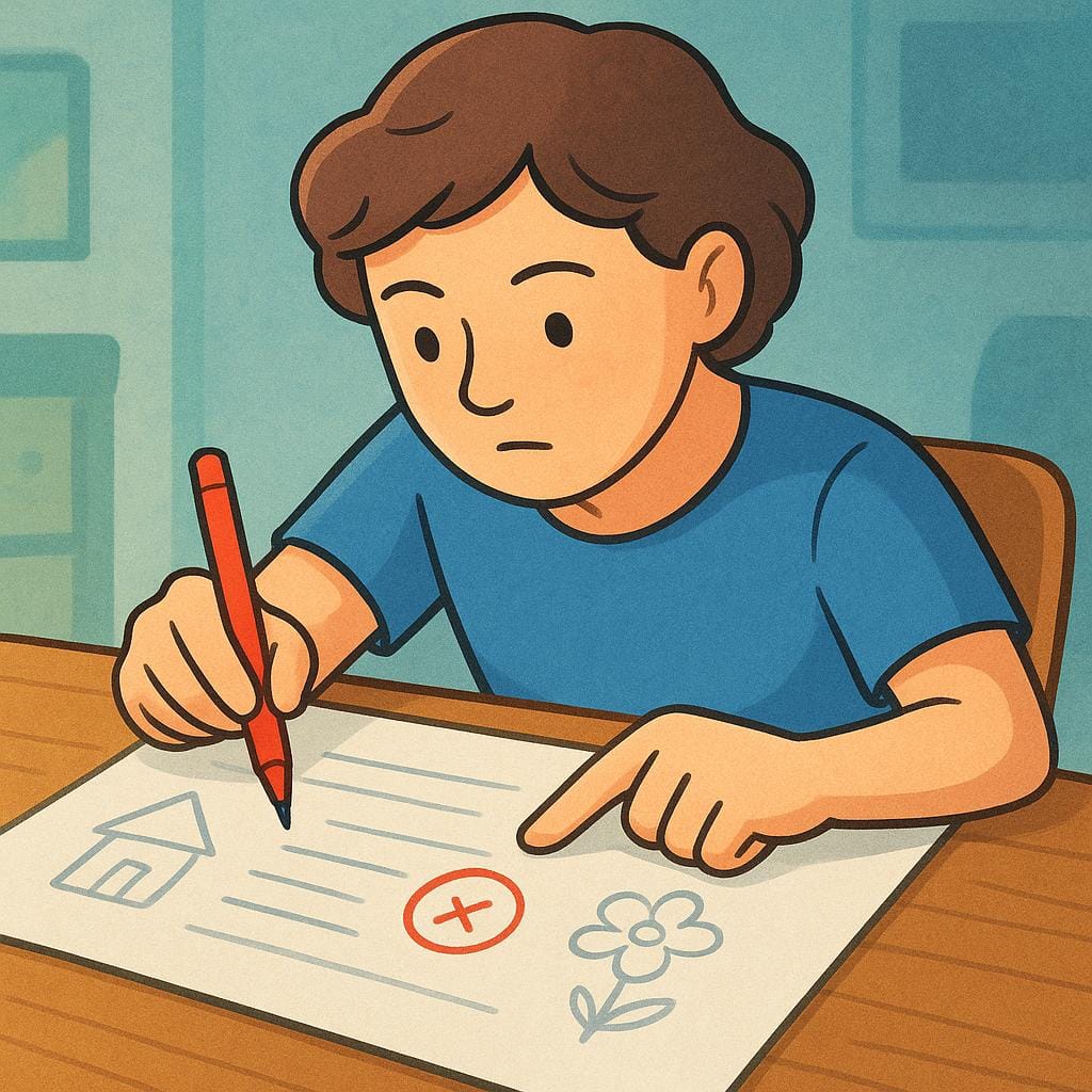 A focused person reviewing a document with a red pen, indicating an error.