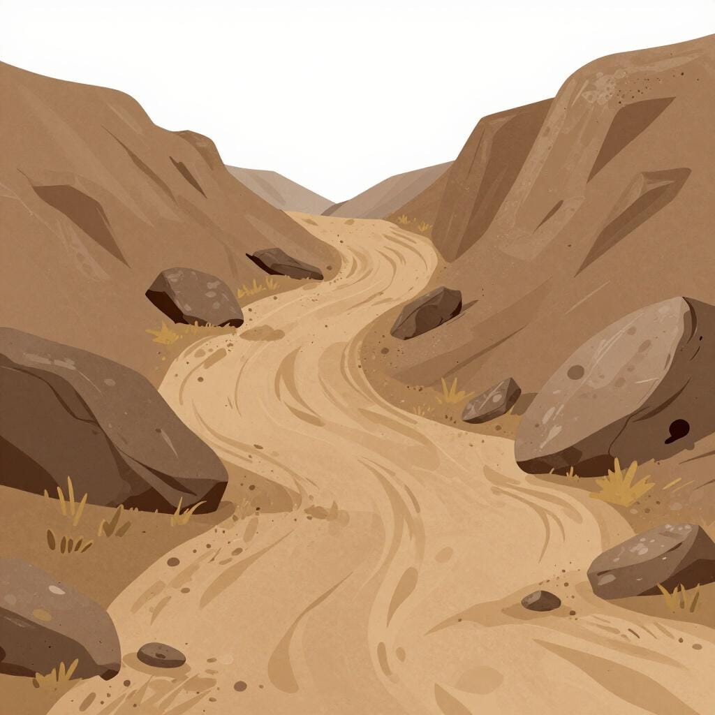 A bumpy, rocky dirt path with many different heights and textures.