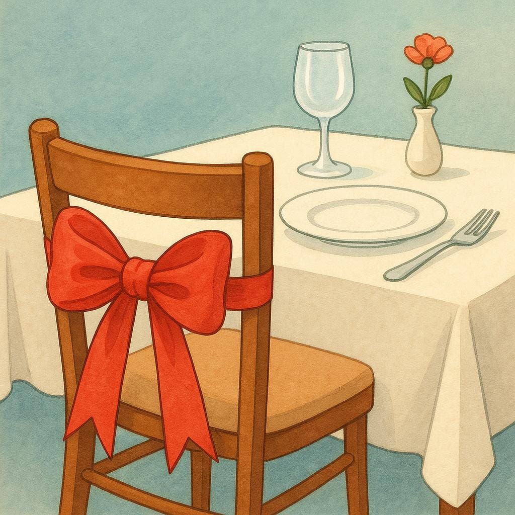 An elegant restaurant table where the chair is draped with a decorative red ribbon, visually indicating it is set aside and unavailable.