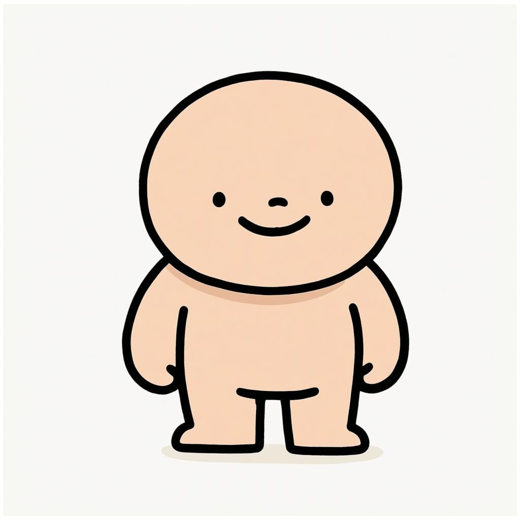 A simplified, round-headed cartoon character standing upright and smiling contentedly, indicating they are fine or okay.