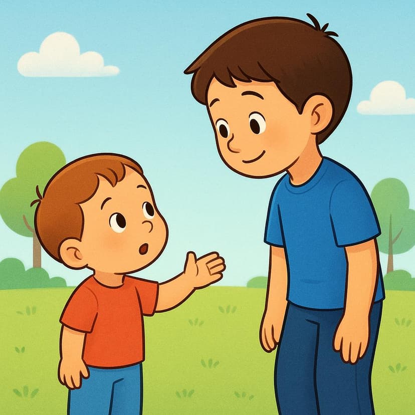Une illustration simple de livre d'histoires montrant une figure plus petite regardant une figure légèrement plus grande, levant la main dans un geste interrogatif, symbolisant une personne posant une question à une autre.