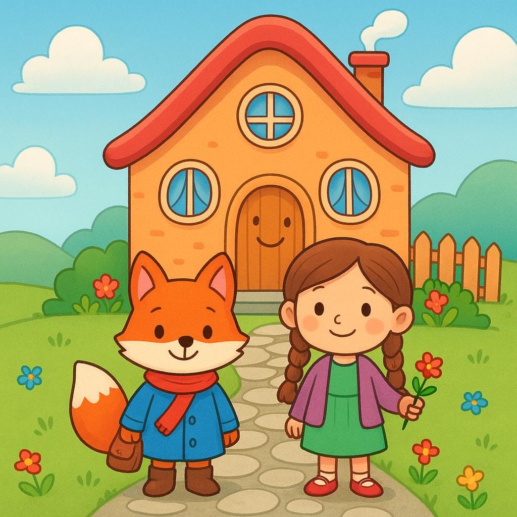 Deux petites figurines colorées se tiennent joyeusement au bout d'un chemin de terre sinueux, juste devant une maison accueillante aux couleurs vives.