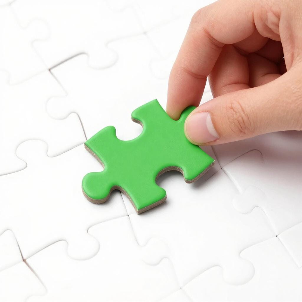 Una mano che inserisce l'ultimo pezzo in un semplice puzzle per completare un compito.