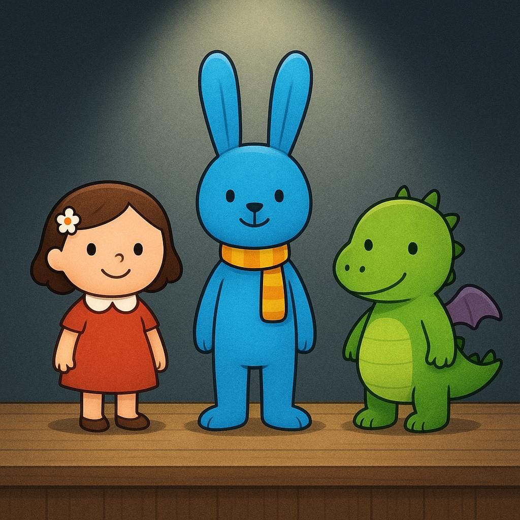 Three stylized, simple figures standing on a low platform under a bright spotlight, representing subjects of a study or experiment.