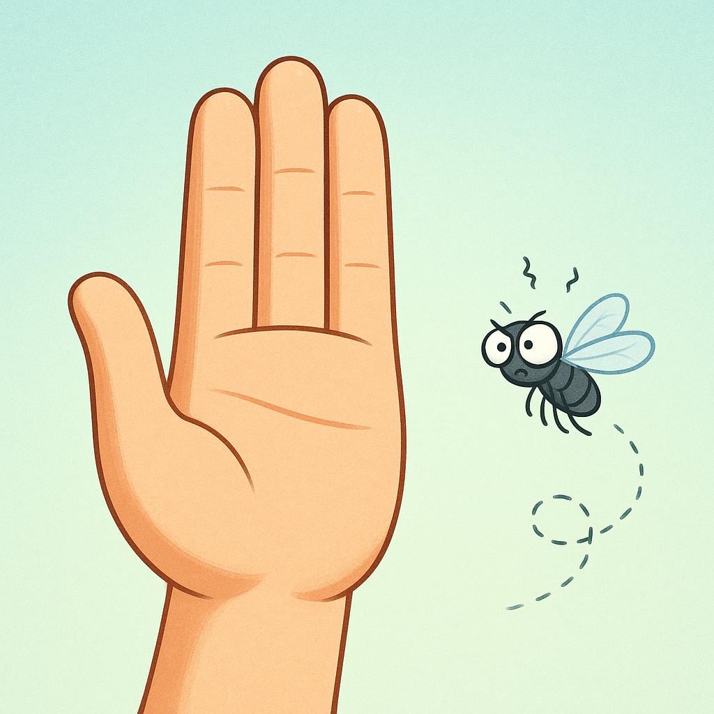 A high quality simple colorful storybook illustration showing a large human hand raised firmly, palm facing forward, signaling 'stop' to a tiny, buzzing fly hovering nearby, emphasizing the cessation of an irritating action.