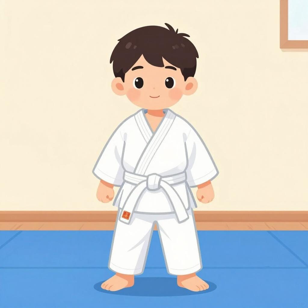 A child in a white karate uniform with a white belt stands in a simple pose on a mat.