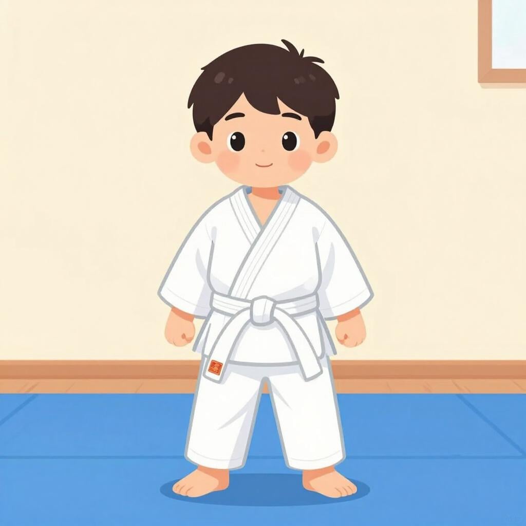 A child in a white karate uniform with a white belt stands in a simple pose on a mat.