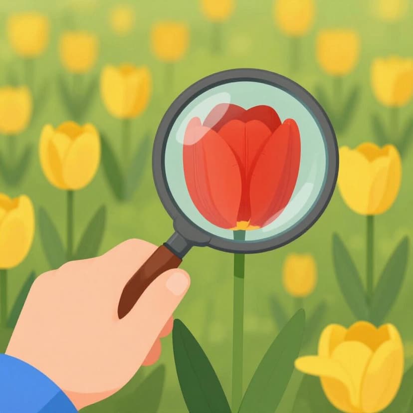 Una mano usa una lente d'ingrandimento per osservare da vicino un singolo fiore dai colori vivaci tra molti altri.