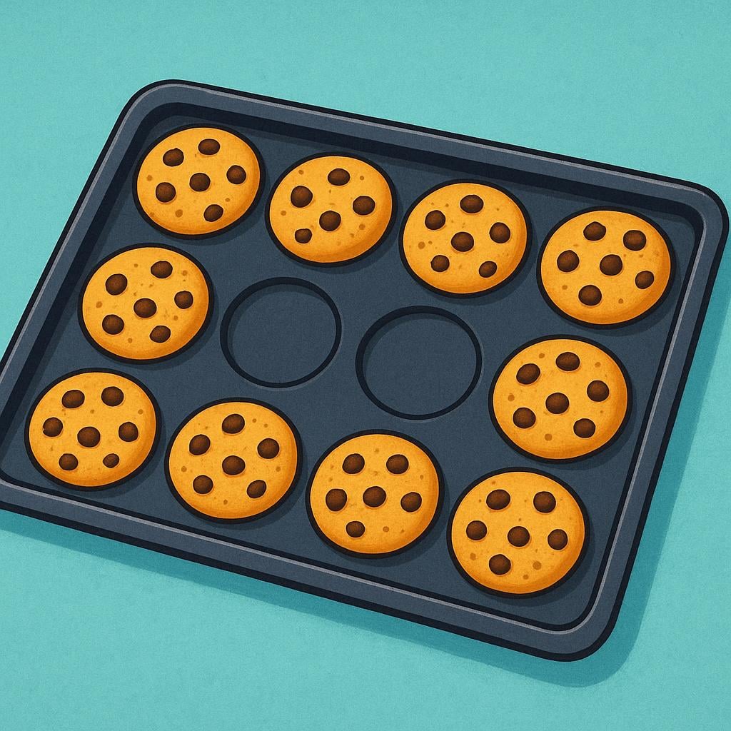 A storybook illustration of a baking tray with eight cookies placed on it, showing two empty spots where cookies are missing.
