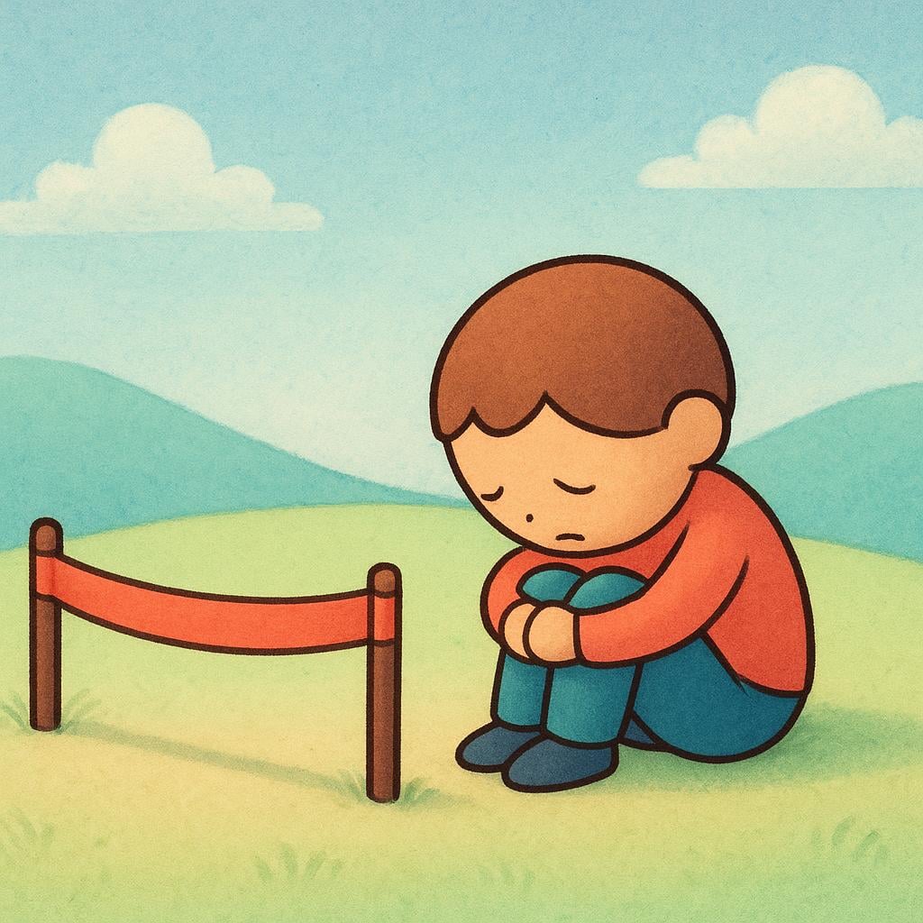 A small, stylized runner sitting sadly just before a finish line ribbon, indicating failure to complete the race.