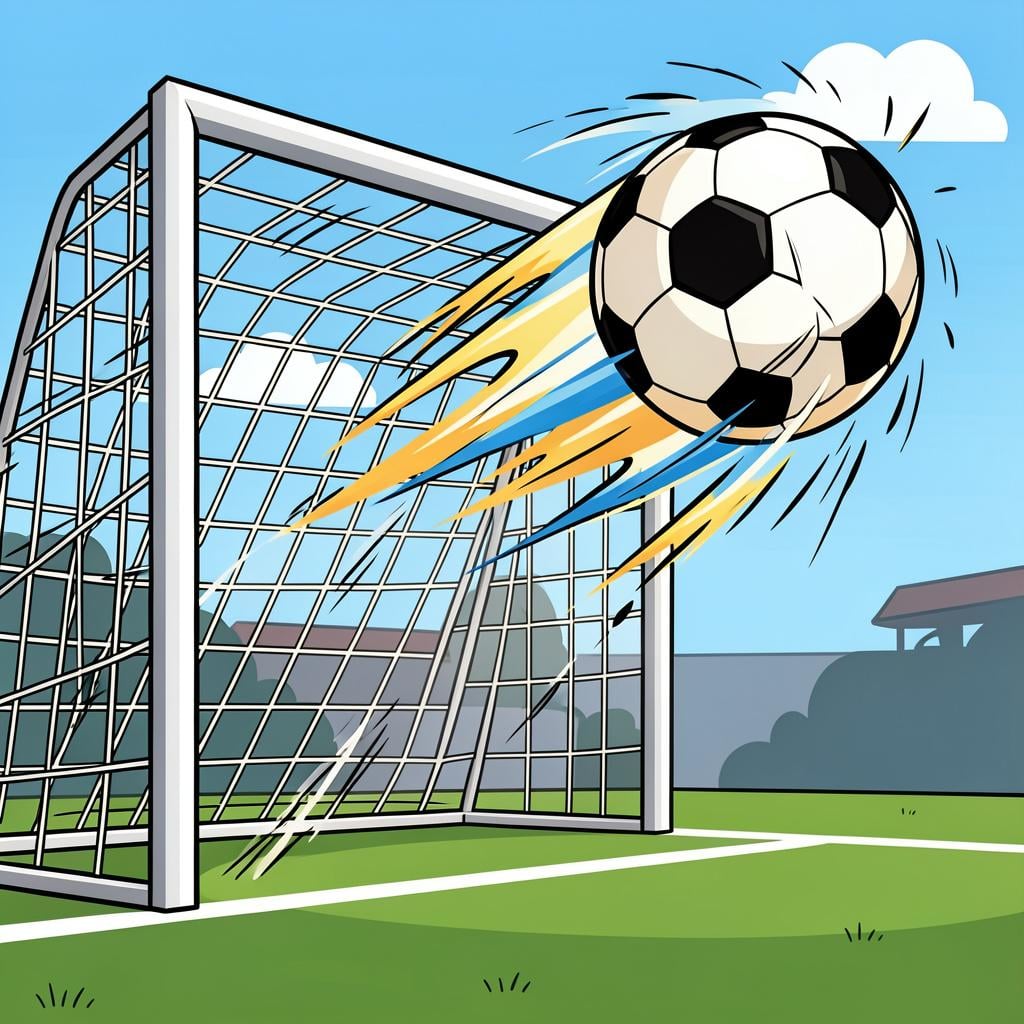 A soccer ball moving so fast it has motion lines behind it, heading straight into the corner of a goal net.