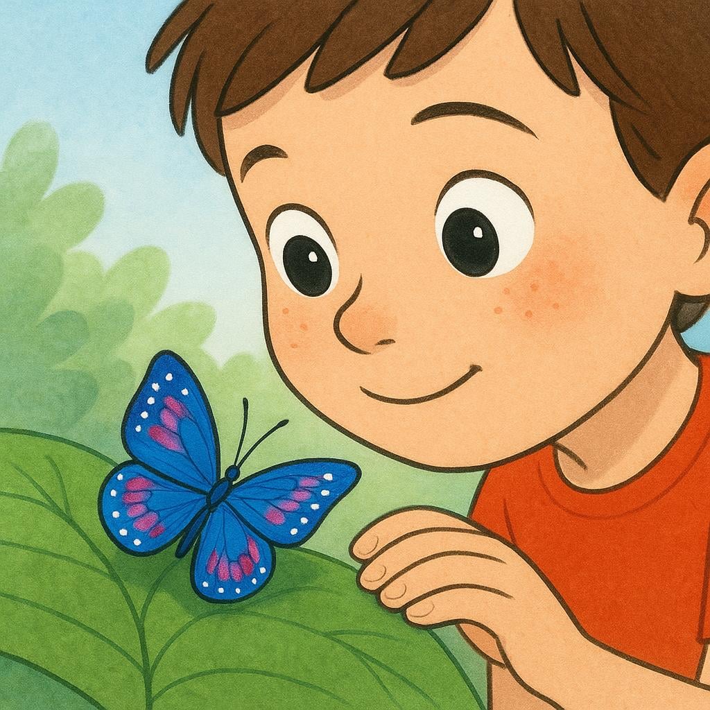 A child with wide, curious eyes leaning in closely to examine a small, brightly colored butterfly resting on a large green leaf.