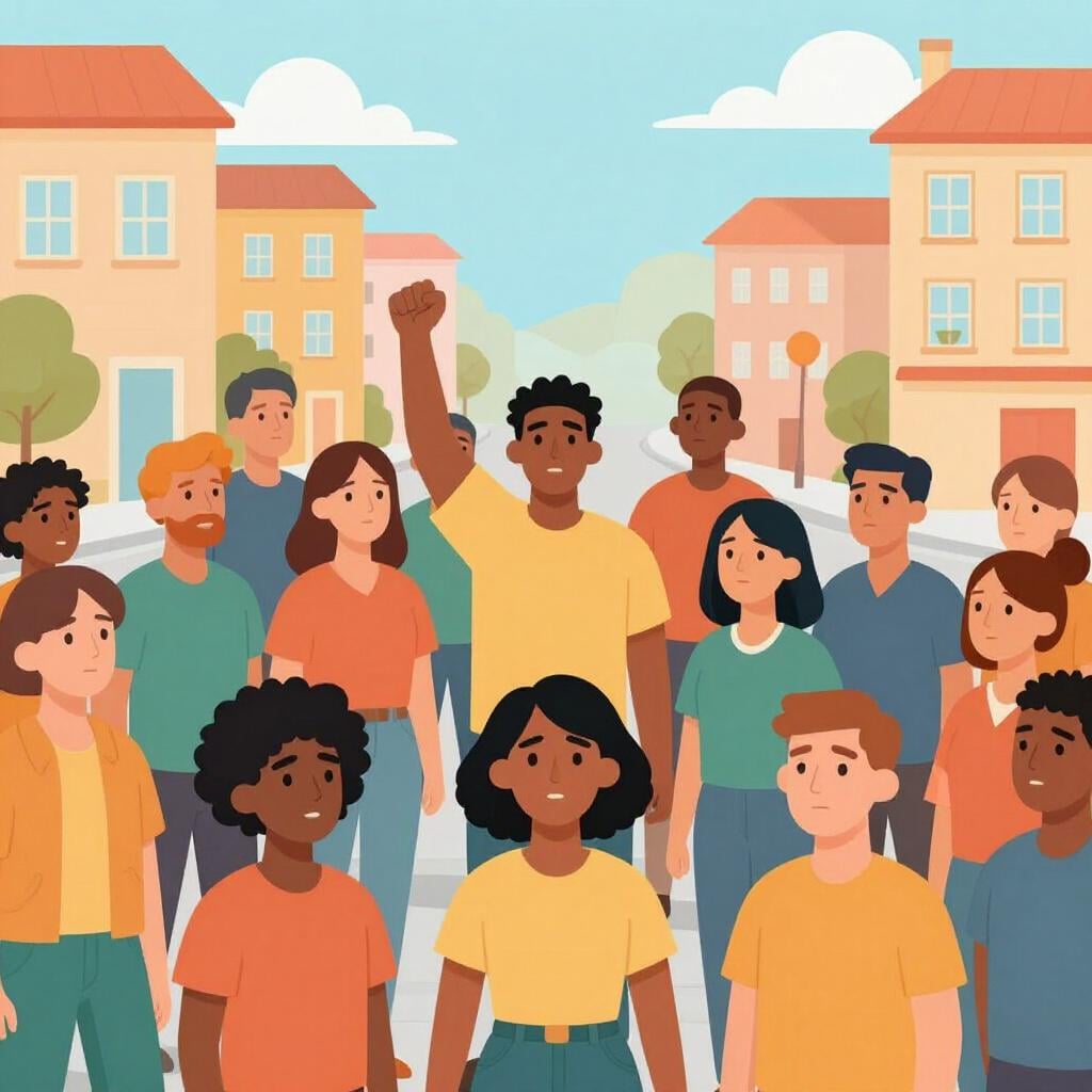 Een grote menigte mensen verzameld op een openbaar plein met lege borden om sociale onrust te tonen.