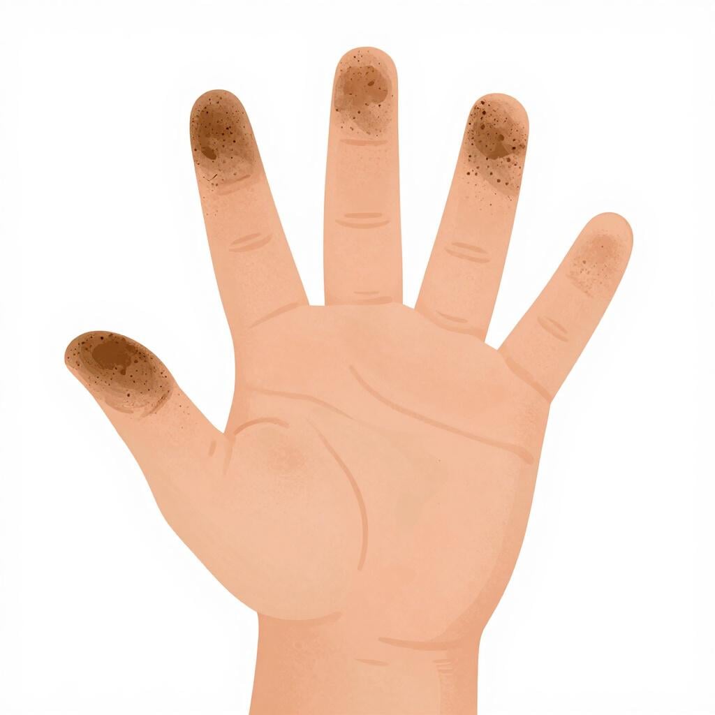 A child's hand covered in dark smudges and dirt, showing a clear contrast against their skin.