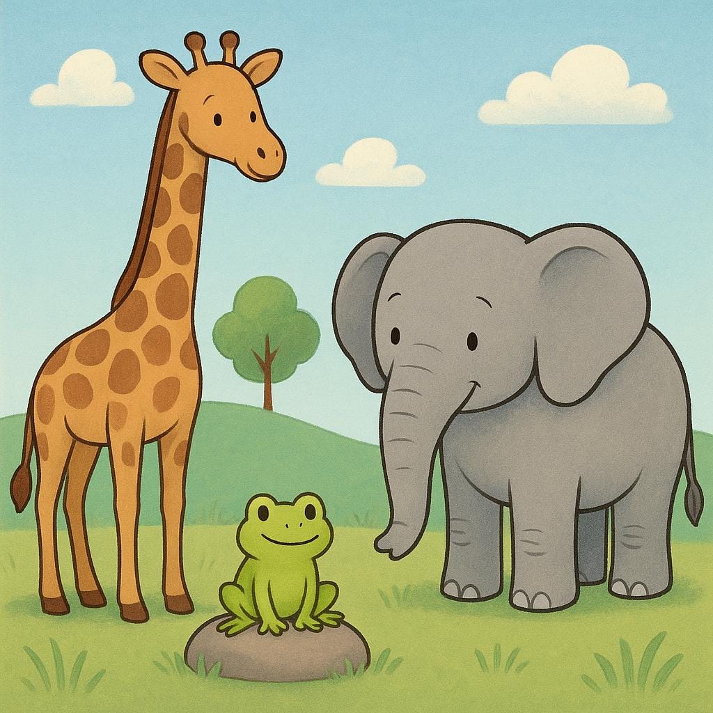 Three distinct animals—a giraffe, a frog, and an elephant—standing together in a field, representing different biological species.