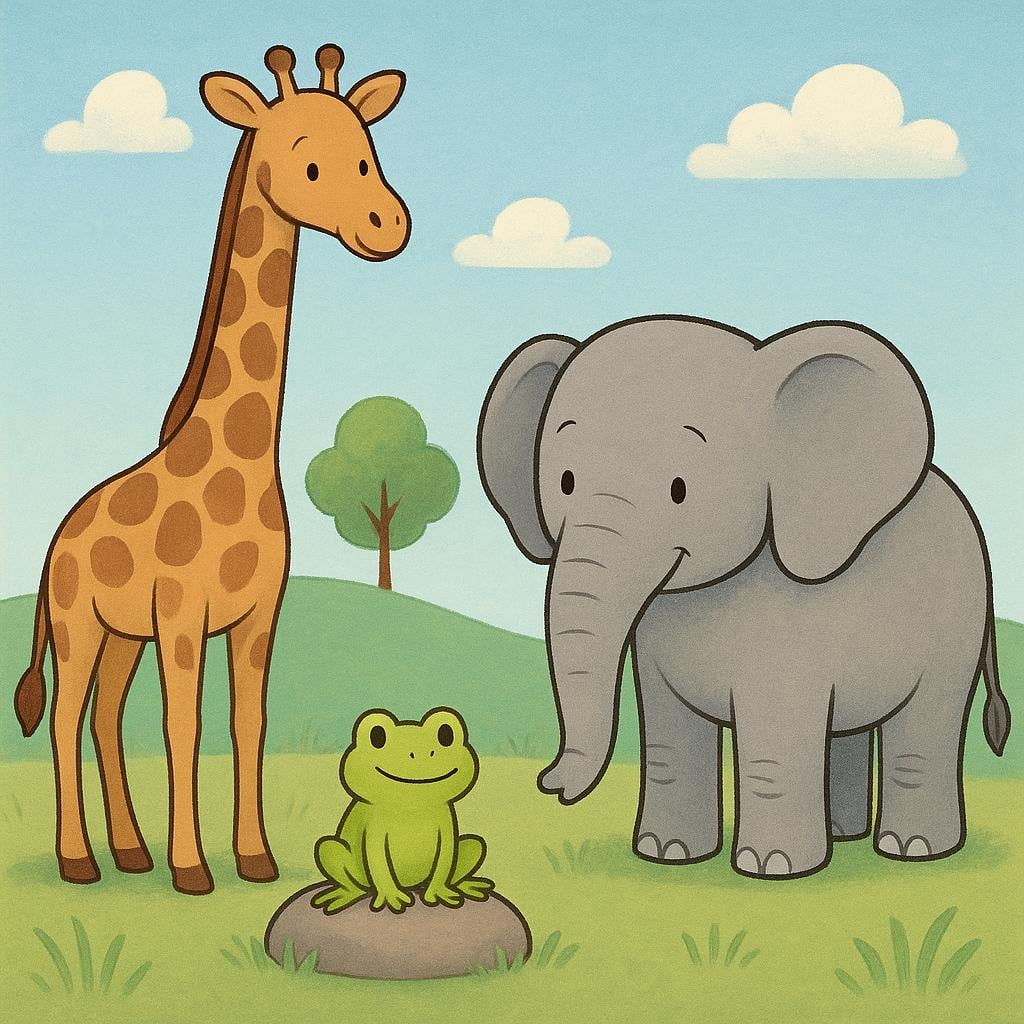 Three distinct animals—a giraffe, a frog, and an elephant—standing together in a field, representing different biological species.