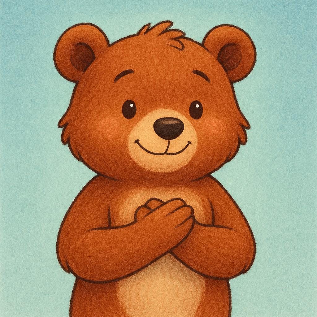 A small, friendly bear cub with a warm, gentle smile, holding its paws over its chest near its heart, symbolizing deep appreciation and gratitude.