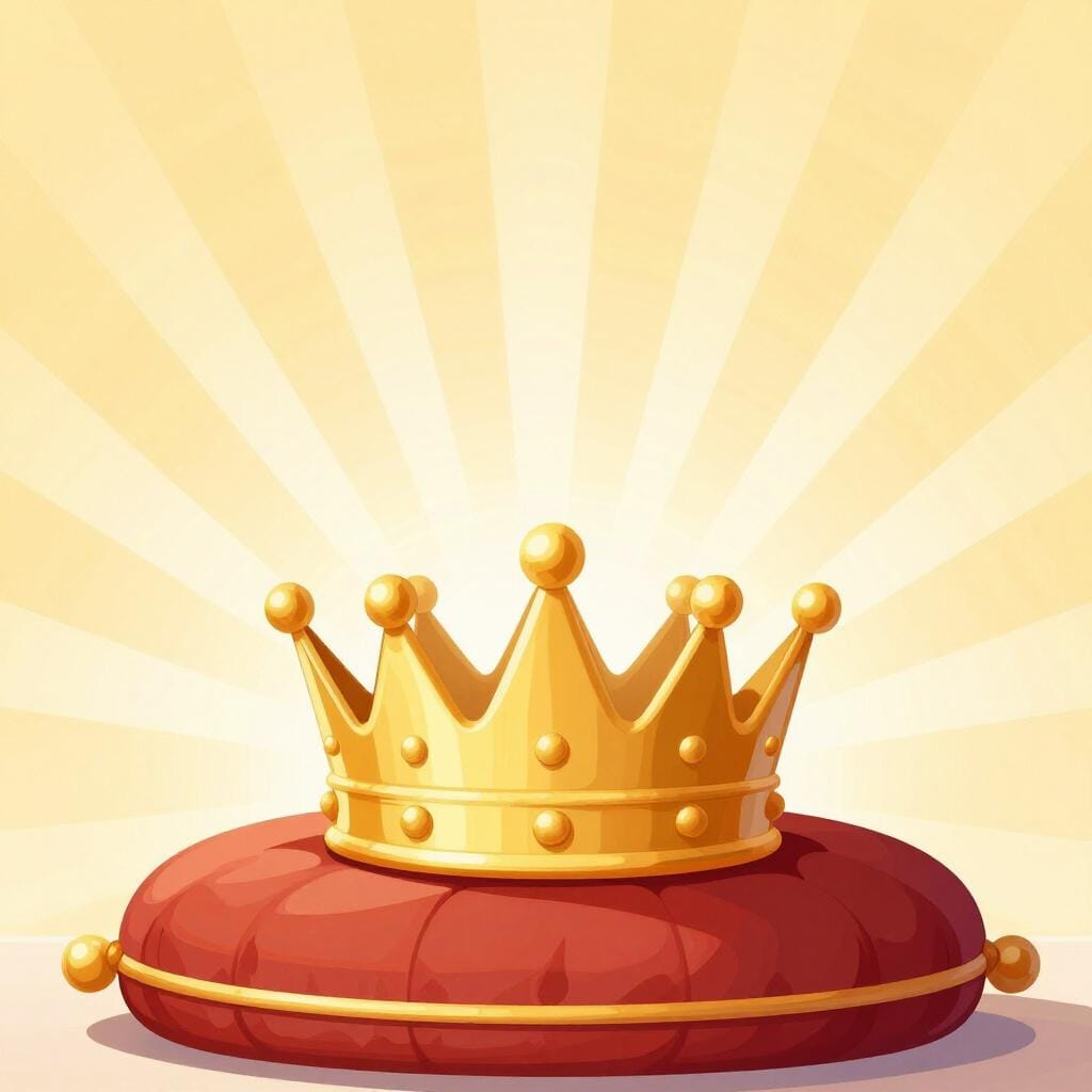Uma coroa dourada brilhante e radiante em um pedestal com raios de luz se espalhando para fora.