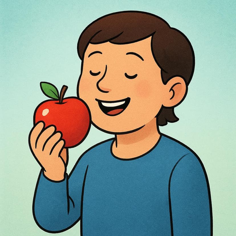 A cartoonish child holding a large red apple, about to take a bite.