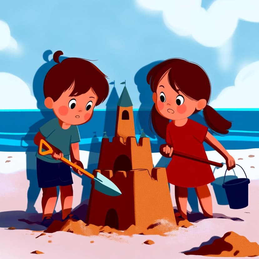 Two children standing in front of a half-finished sandcastle on a sunny beach, holding tools with determined expressions, symbolizing a shared obligation.
