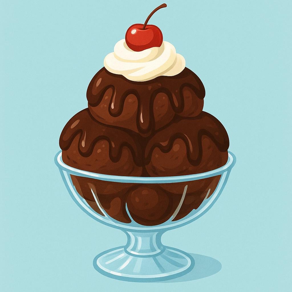 A towering, decadent chocolate ice cream sundae in a fancy glass, topped with whipped cream and a bright red cherry.