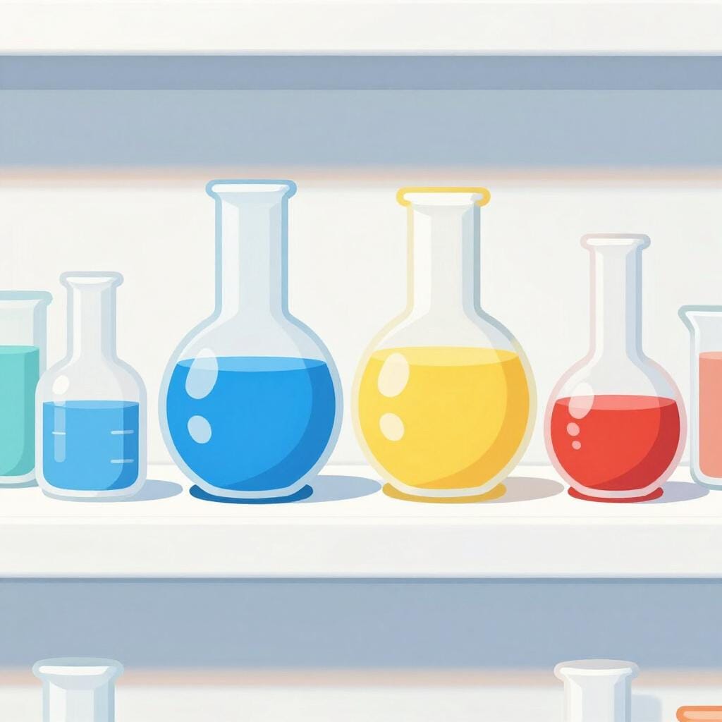 A collection of different colored laboratory flasks and test tubes organized neatly on a shelf.