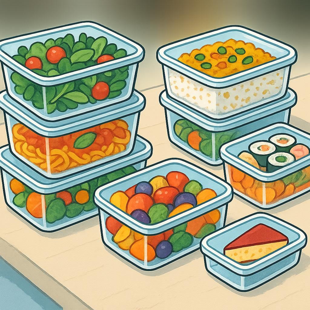 A colorful stack of several different types of ready-made meals, like salads and entrees, contained in generic transparent, rectangular plastic containers.